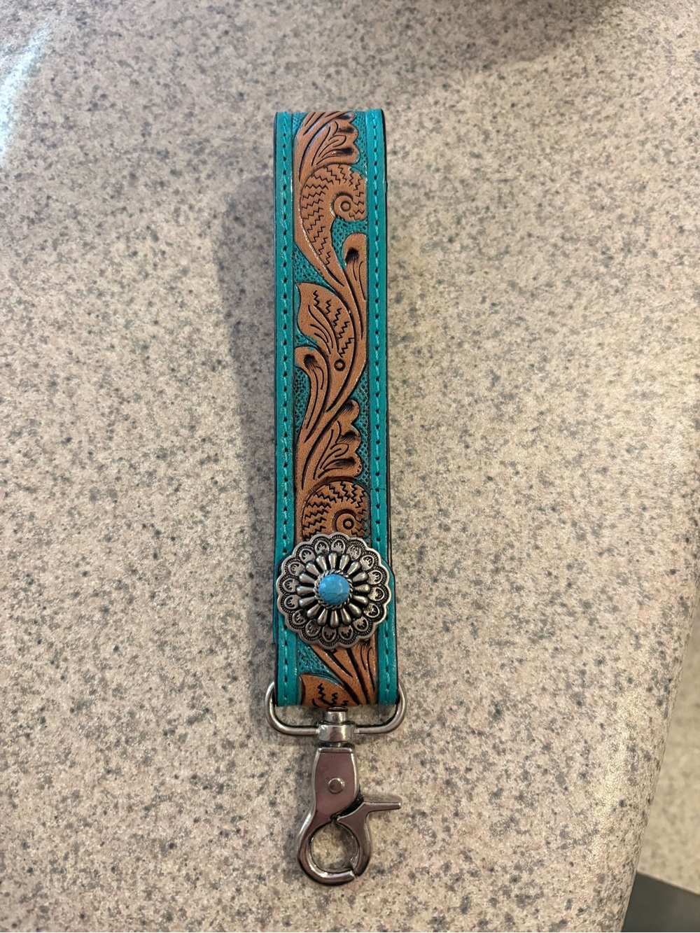 Tooled Leather Wristlet Keychain with Turquoise Accent
